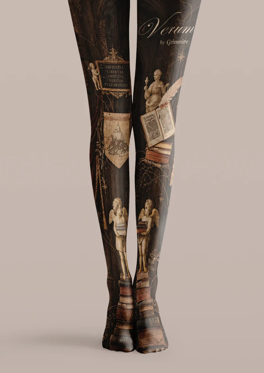 Brown printed tights with stacked books, winged cherubs, an open book, a feather quill, architectural details, and lettering.
