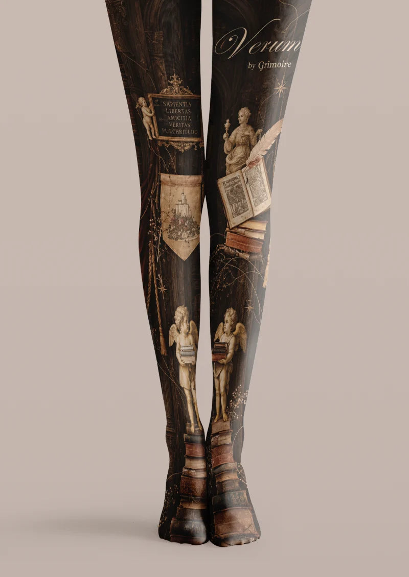 Brown printed tights with stacked books, winged cherubs, an open book, a feather quill, architectural details, and lettering.