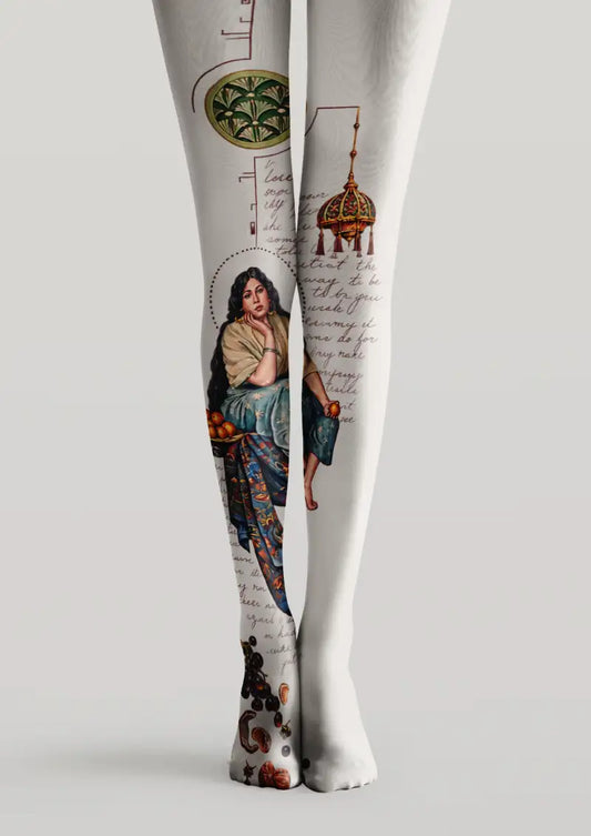 White printed tights with illustrated portrait, handwritten text and decorative graphic elements