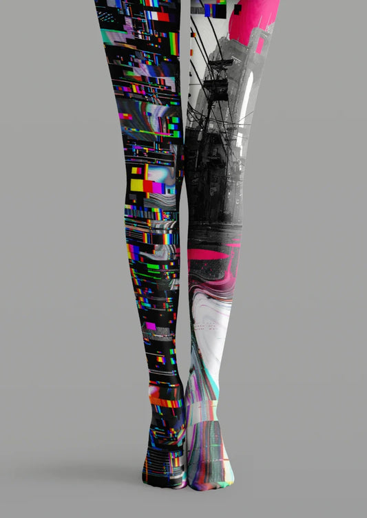 Multicolor printed tights with digital color bars, glitch graphics and urban imagery