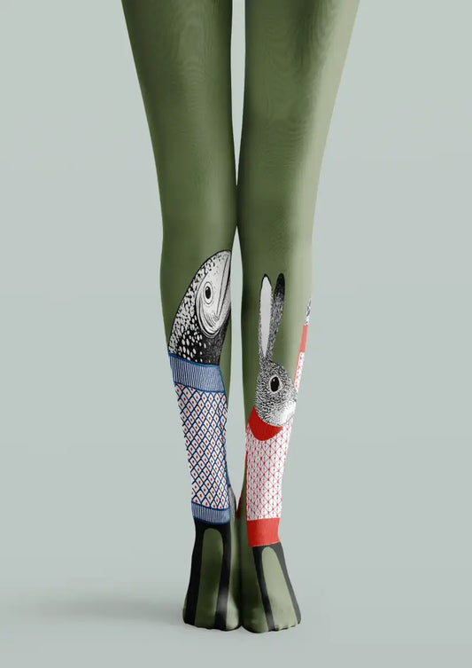 Front product view of Green Fish Rabbit Graphic Tights