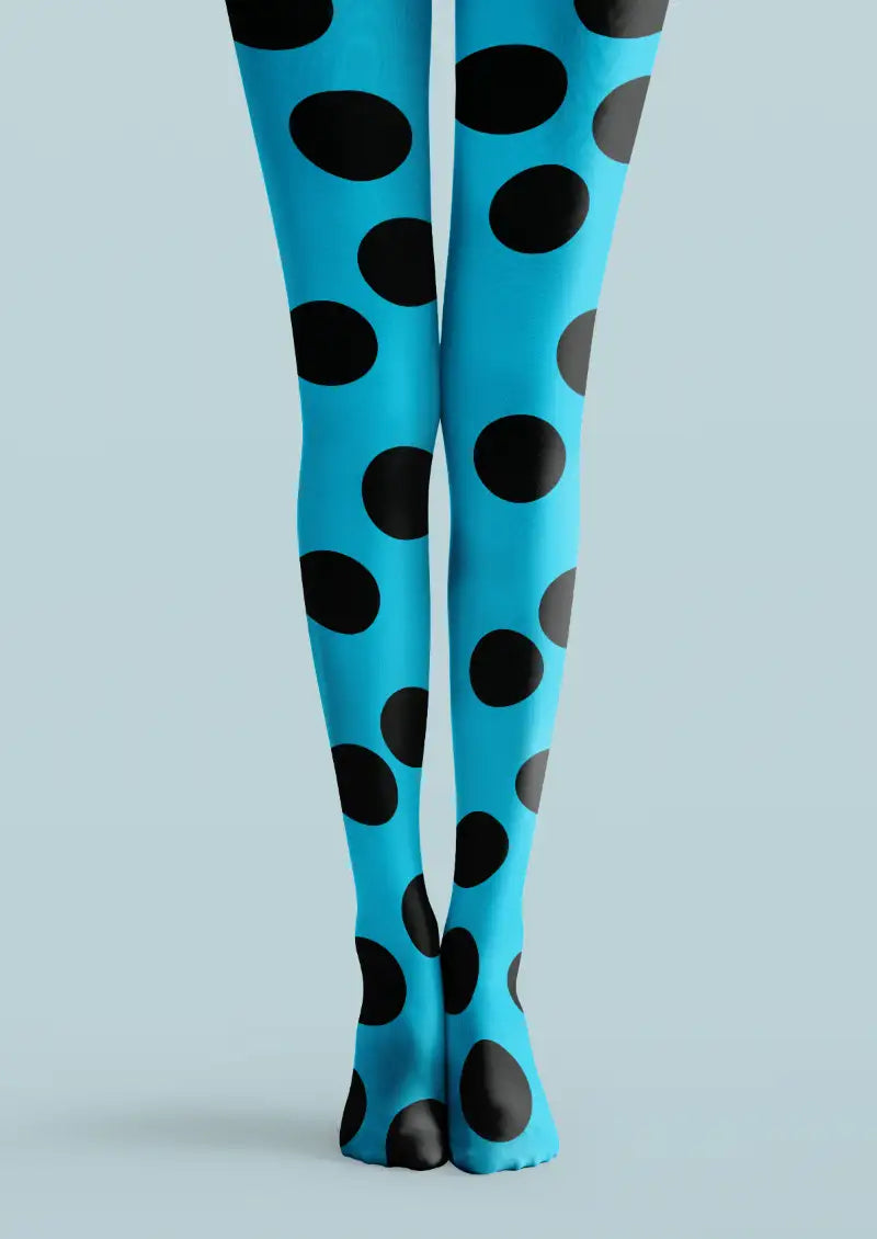 Blue tights with black polka dot printed pattern