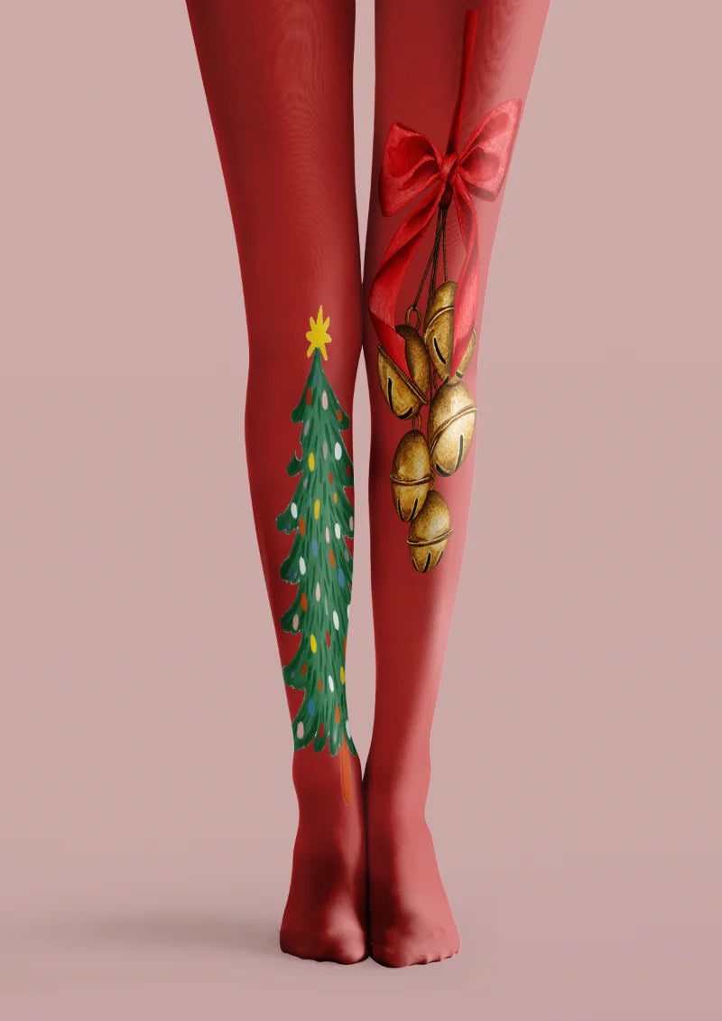 Red printed tights with a green Christmas tree on one leg and bronze-colored bells beneath a red bow on the other.