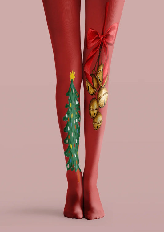 Red printed tights with a green Christmas tree on one leg and bronze-colored bells beneath a red bow on the other.