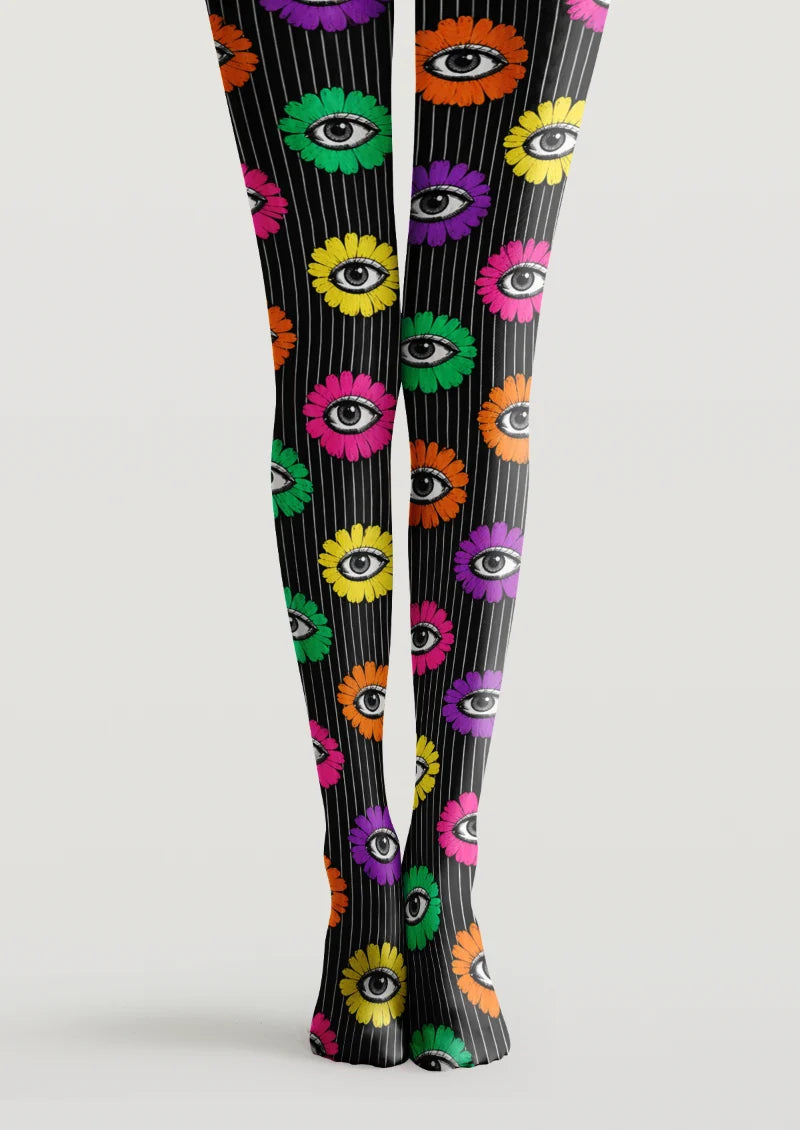 Black printed tights with colorful flower motifs, illustrated eyes and fine vertical stripes