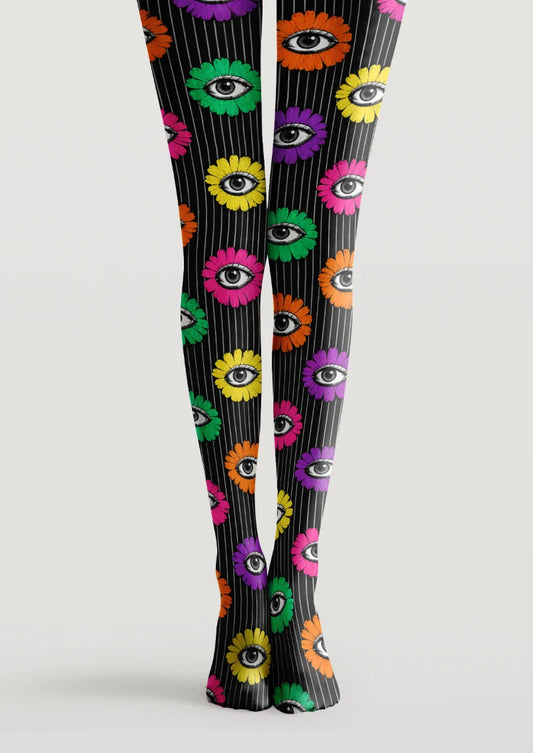 Black printed tights with colorful flower motifs, illustrated eyes and fine vertical stripes