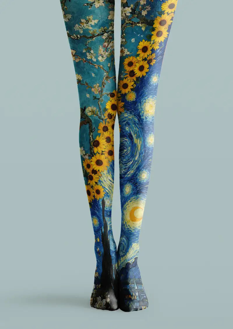 Blue printed tights with sunflower flowers and starry sky landscape artwork