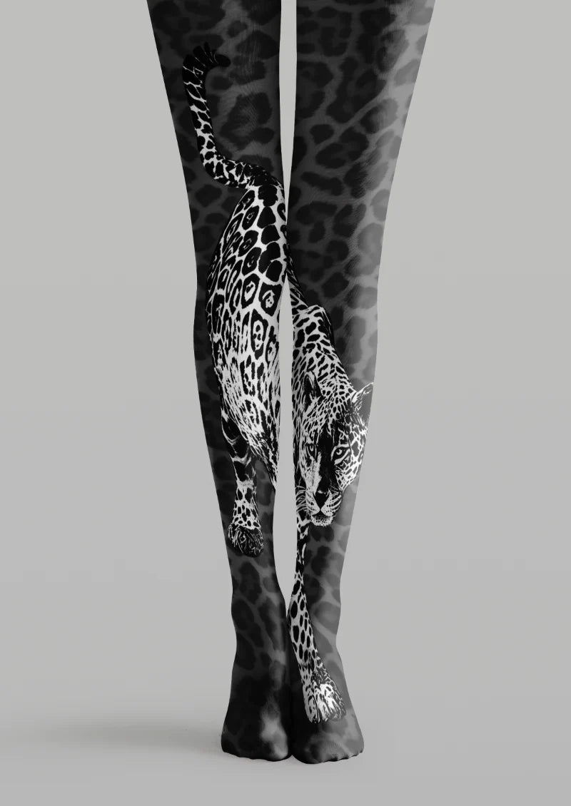 Black and gray printed tights with leopard spots and a large monochrome leopard illustration