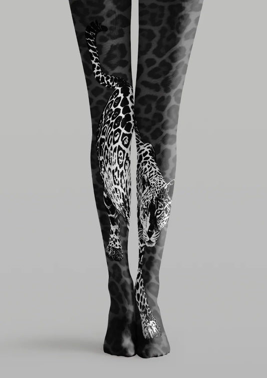 Black and gray printed tights with leopard spots and a large monochrome leopard illustration