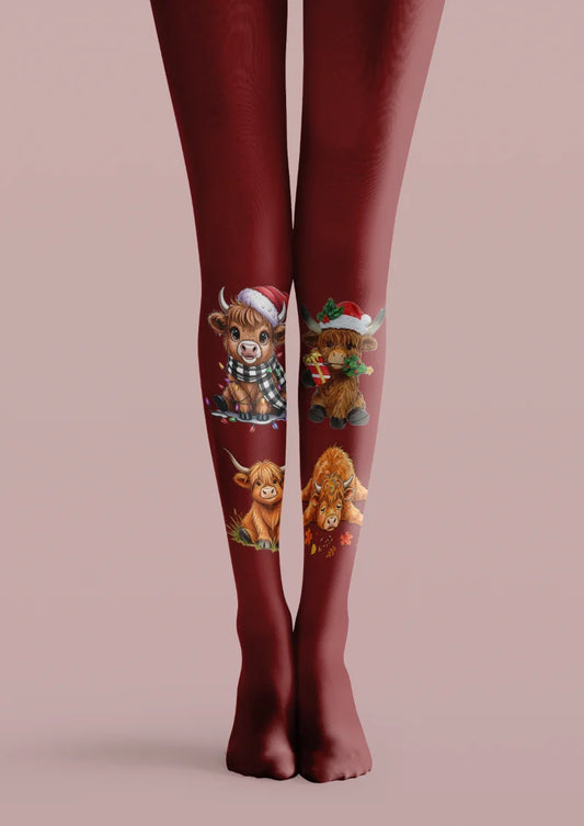 Burgundy printed tights with brown Highland cows, including two wearing Santa hats, with scarf and gift details.