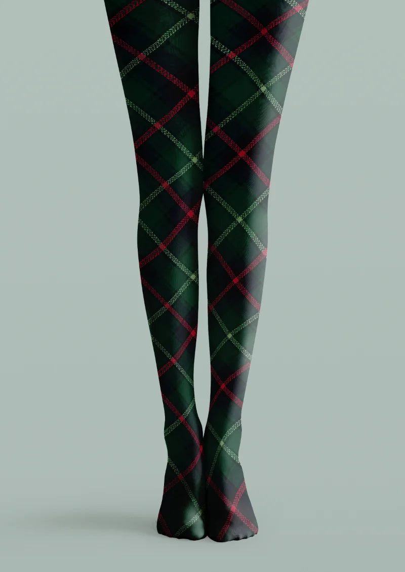 Black printed tights with green and red crossing plaid lines
