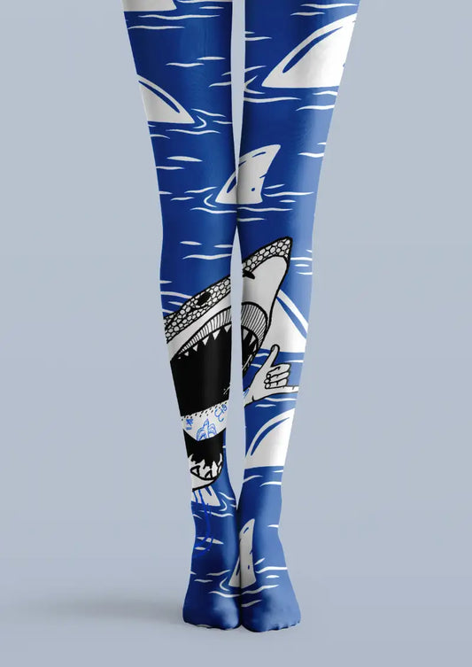 Front product view of Blue Shark Ocean Graphic Tights
