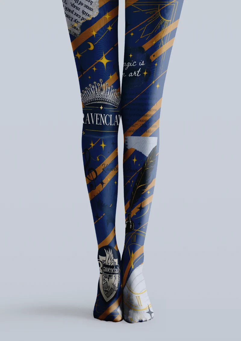 Navy printed tights with stars, crown, feather, crest and diagonal yellow bands