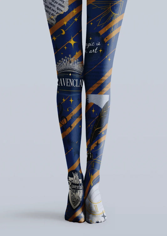 Navy printed tights with stars, crown, feather, crest and diagonal yellow bands
