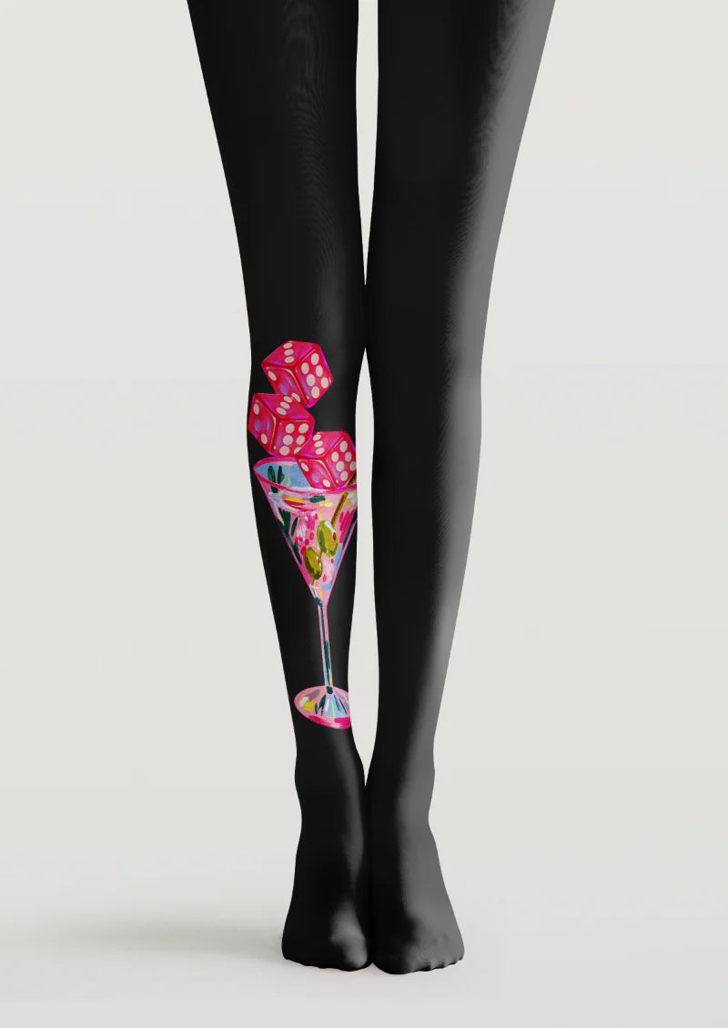 Black printed tights with colorful flower motifs, illustrated eyes and fine vertical stripes
