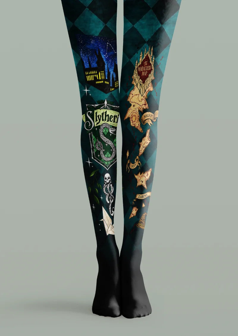 Green printed tights with serpent graphics, map pieces, castle imagery and dark diamond panels