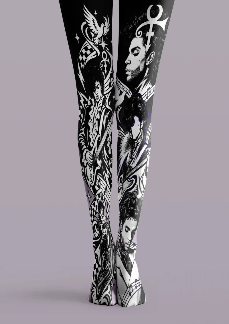 Black and white printed tights with musician portraits, guitars, musical notes, a bird, and checkerboard details.