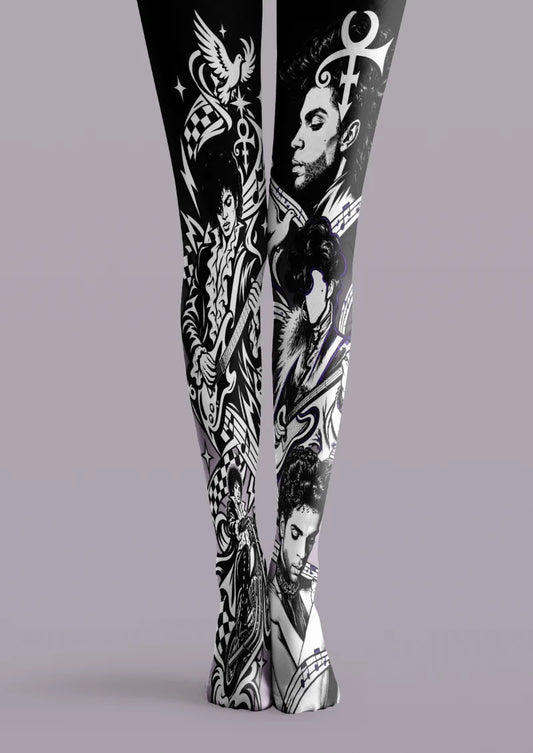 Black and white printed tights with musician portraits, guitars, musical notes, a bird, and checkerboard details.