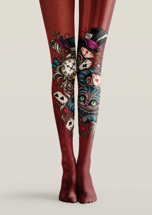 Red printed tights with striped cat, playing cards, pocket watch, top hat and heart motifs