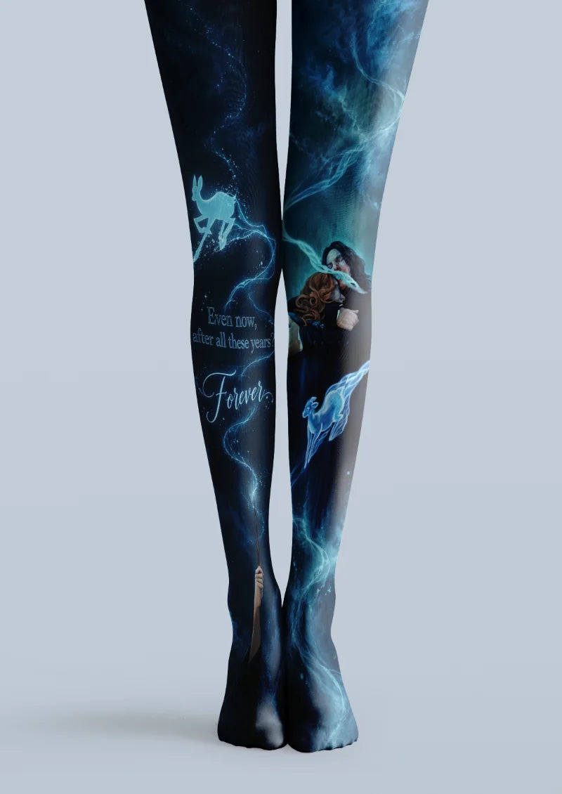 Black printed tights with glowing blue animal figures, characters and mist-like graphics