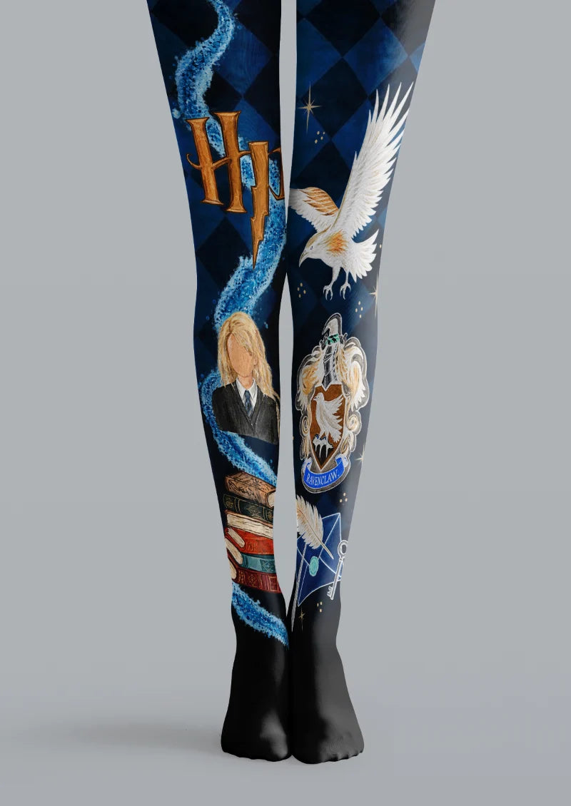 Navy printed tights with a white bird, books, crest, feather and dark diamond panels
