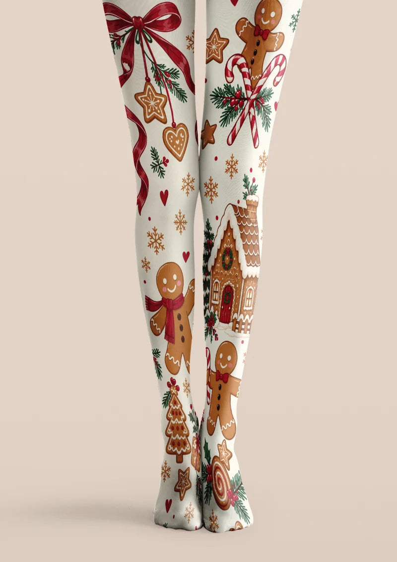 Ivory printed tights with brown gingerbread figures, a gingerbread house, red bows, candy canes, and green sprigs.