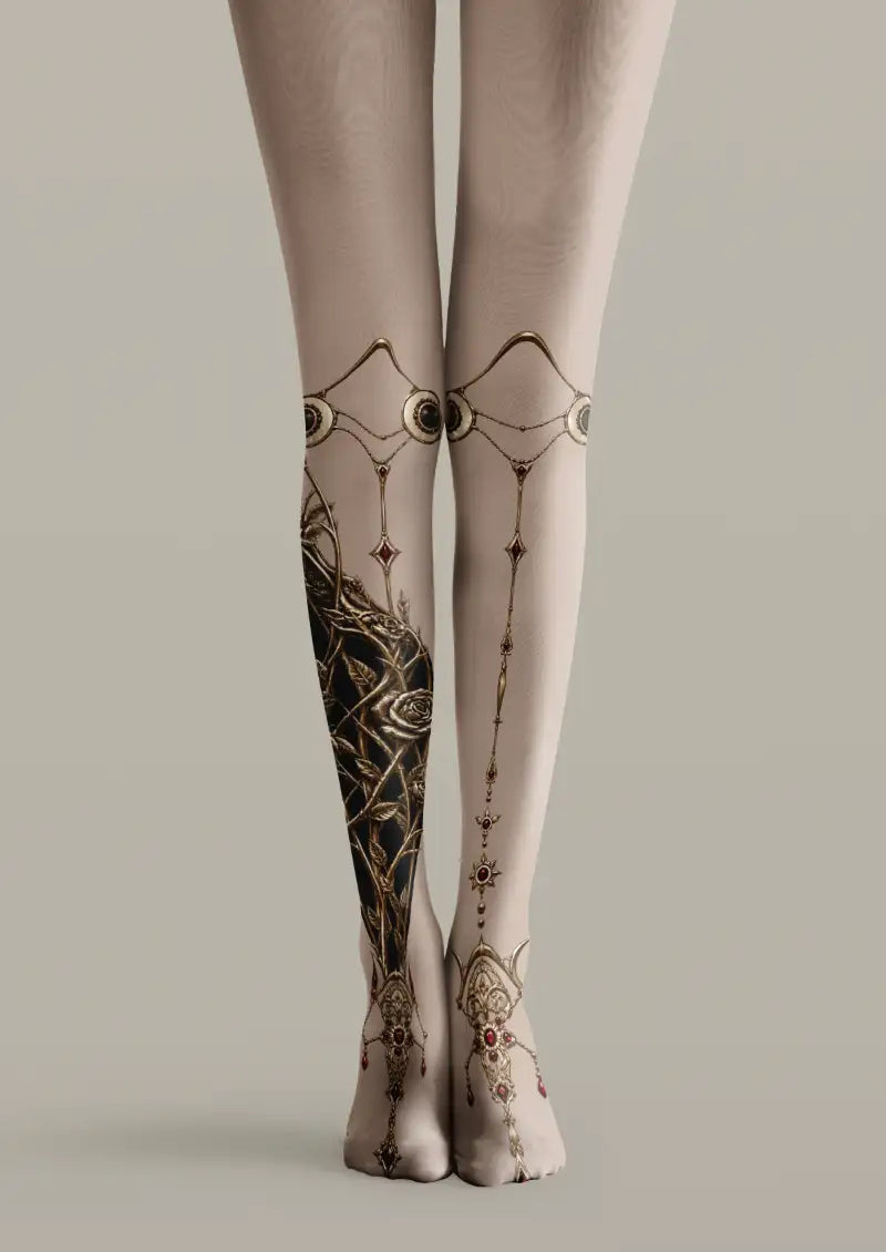 White printed tights with black gothic ornament tattoo patterns and decorative details