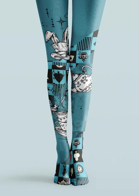 Blue printed tights with rabbit, teacup, playing-card and pocket-watch illustrations
