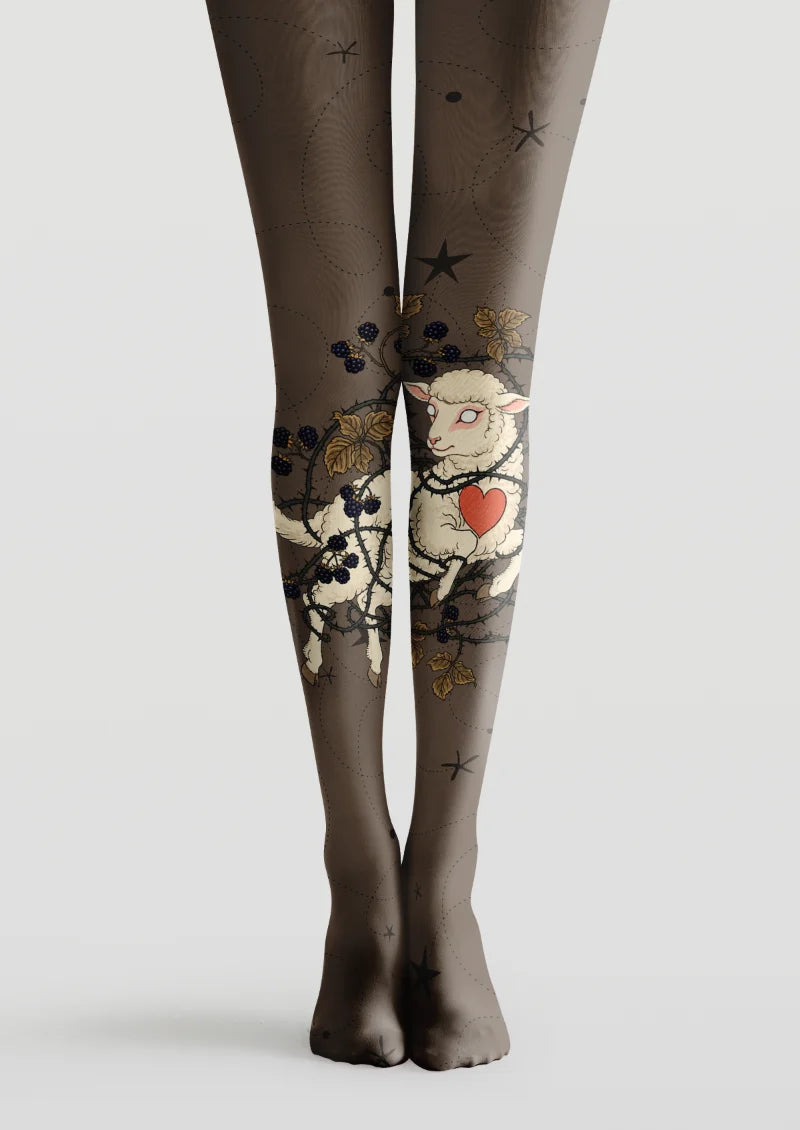 Brown printed tights with white sheep, berry branches, stars and a red heart motif
