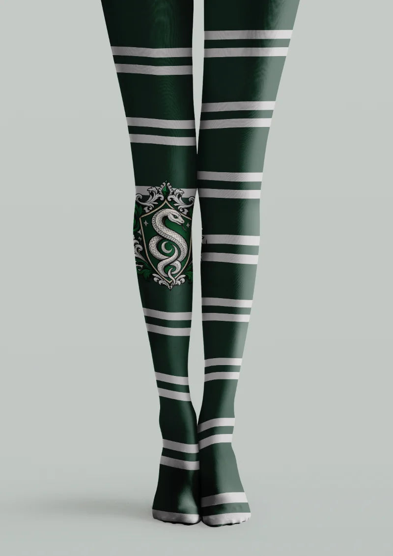Green printed tights with white stripes and an ornate silver serpent crest