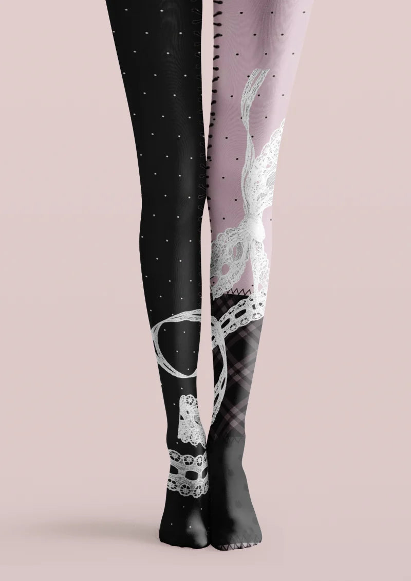 Black and pink printed tights with white lace-effect bows and ribbons, small dots, and a plaid lower-leg panel.