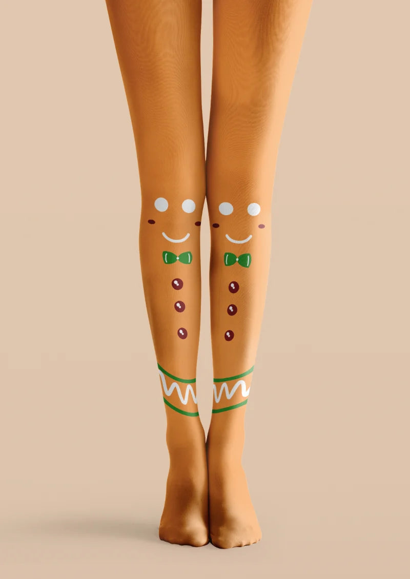 Orange printed tights with gingerbread faces, white eyes and smiles, green bow ties, dark red buttons, and icing-like bands.