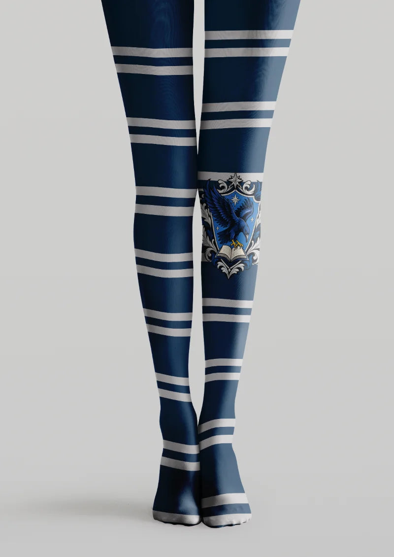 Navy printed tights with white stripes and an illustrated blue eagle crest