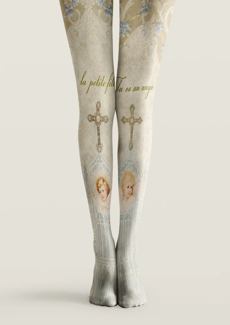 Ivory printed tights with cherub portraits, ornate crosses, pale blue architectural details, flowers, and cursive lettering.