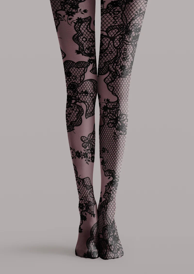 Purple printed tights with black floral lace-effect panels, scalloped borders, bow details, and diamond lattices.