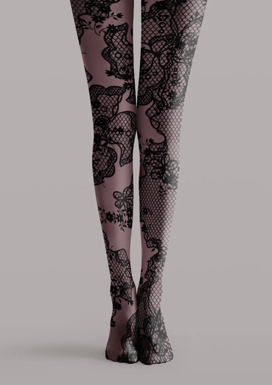 Purple printed tights with black floral lace-effect panels, scalloped borders, bow details, and diamond lattices.