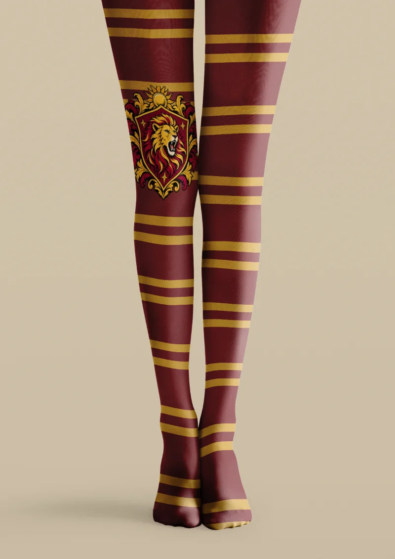 Burgundy printed tights with yellow stripes and an illustrated lion crest motif