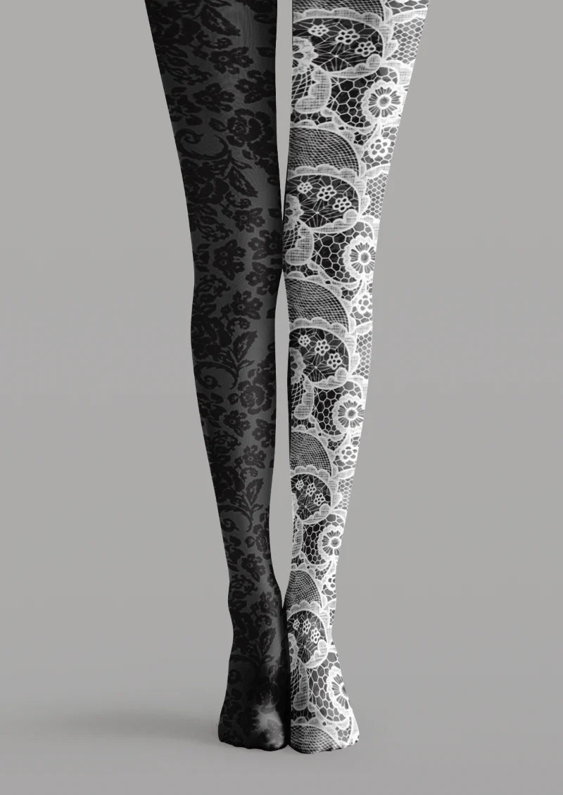 Black White Mismatched Floral Tights