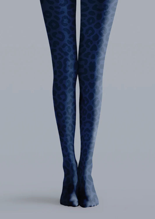 Navy printed tights with darker leopard rosettes and smaller spots across both legs.