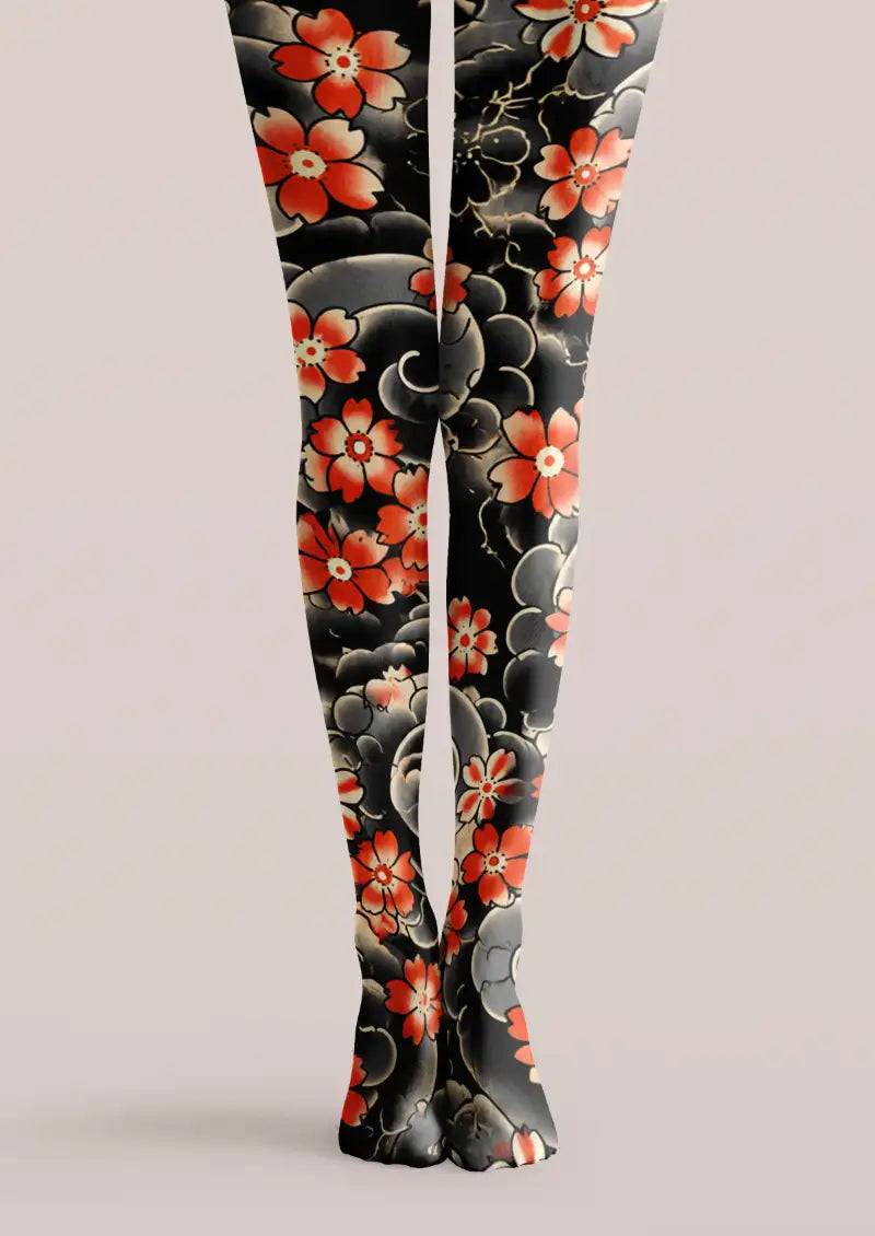 Black tights with red floral printed pattern inspired by Japanese tattoo style