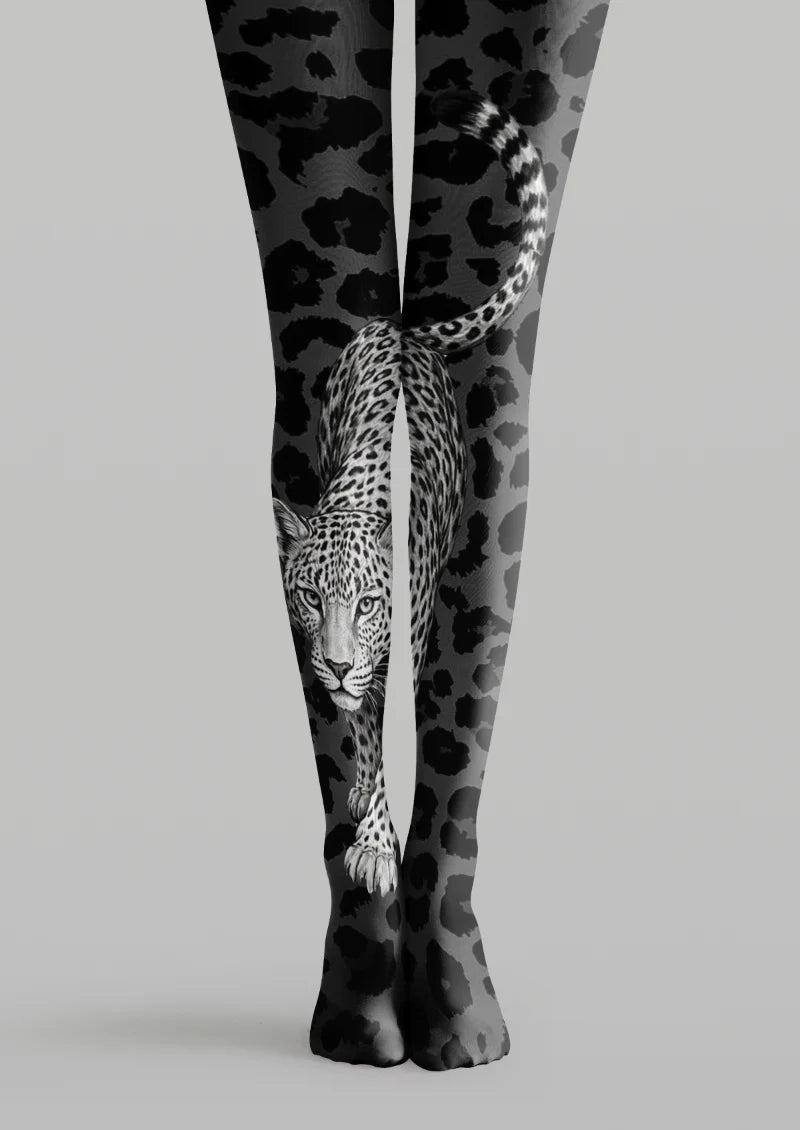 Gray printed tights with black leopard spots and a large monochrome leopard illustration