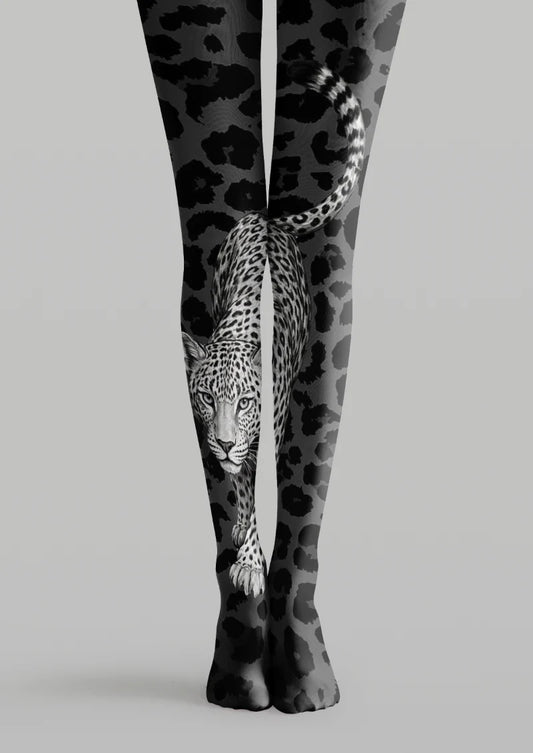 Gray printed tights with black leopard spots and a large monochrome leopard illustration