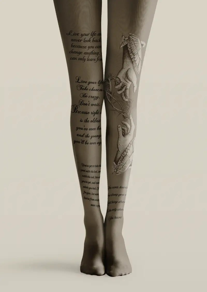 Gray printed tights with Bible script and angel illustration patterns