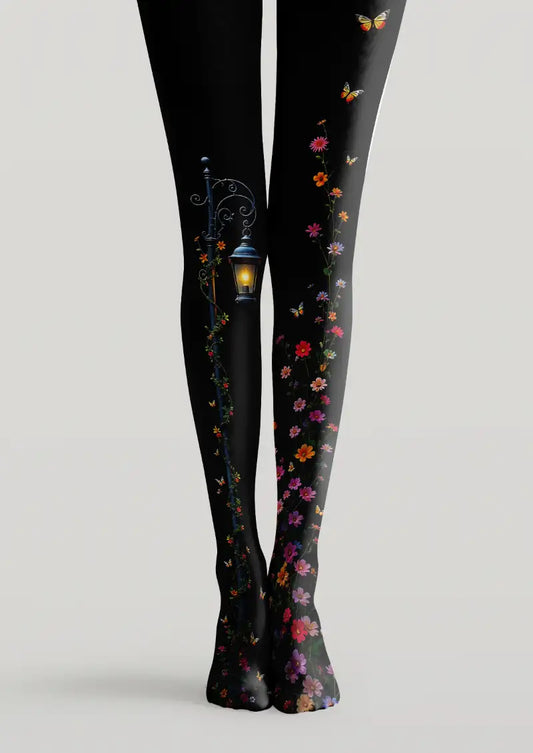 Black tights with floral and butterfly printed pattern