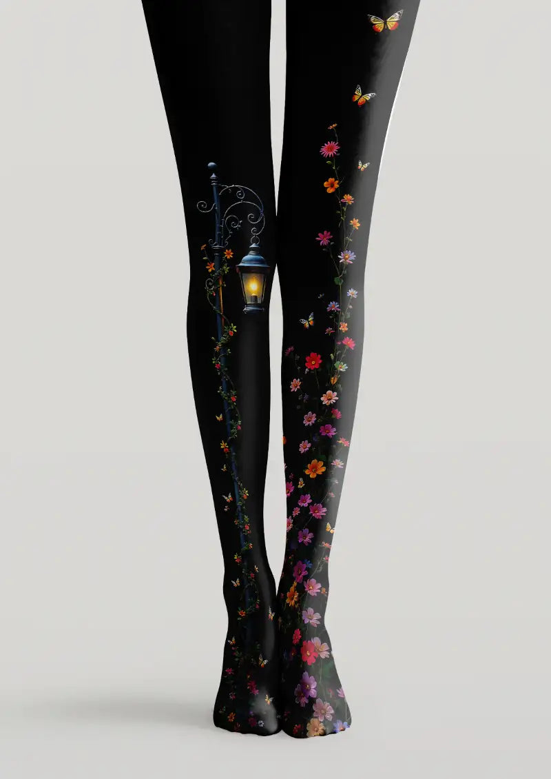 Black tights with floral and butterfly printed pattern