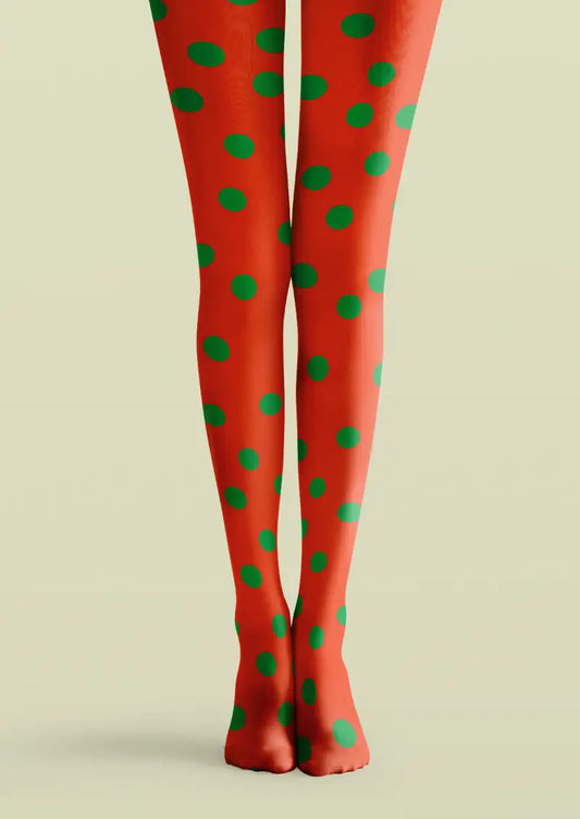 Red tights with large green polka dot printed pattern
