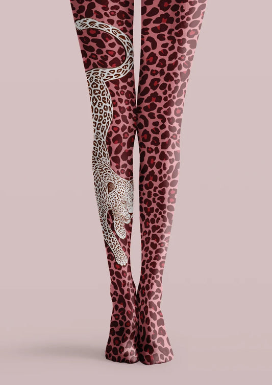 Pink printed tights with burgundy leopard spots and a large white leopard illustration