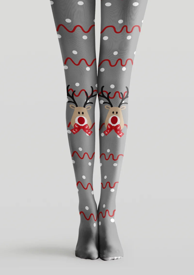 Gray printed tights with reindeer faces, red bows, red wavy lines, and white polka dots.