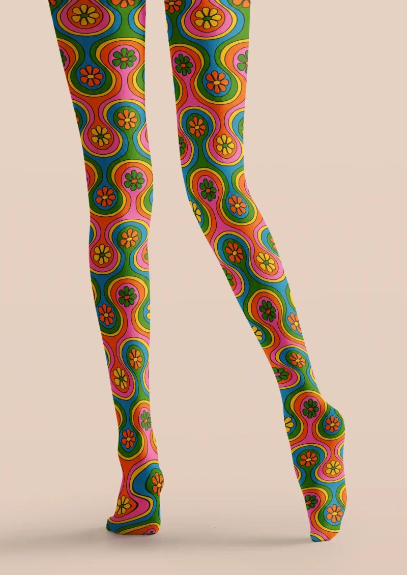 Retro Flower Power Floral Tights Hosiery Pantyhose