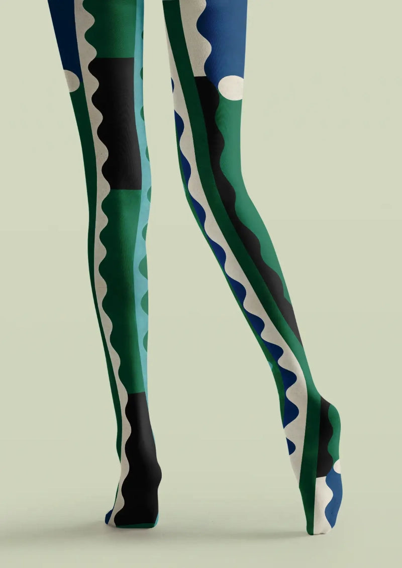 Green Wave Block Stripe Tights Hosiery Pantyhose